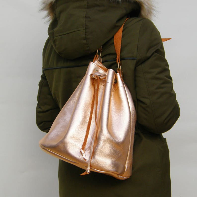 Made in Greece Leather Shoulder Bag Women Bag LEATHER BUCKET BAG metallic golden rose Leather Bucket Purse Size large Handmade bag