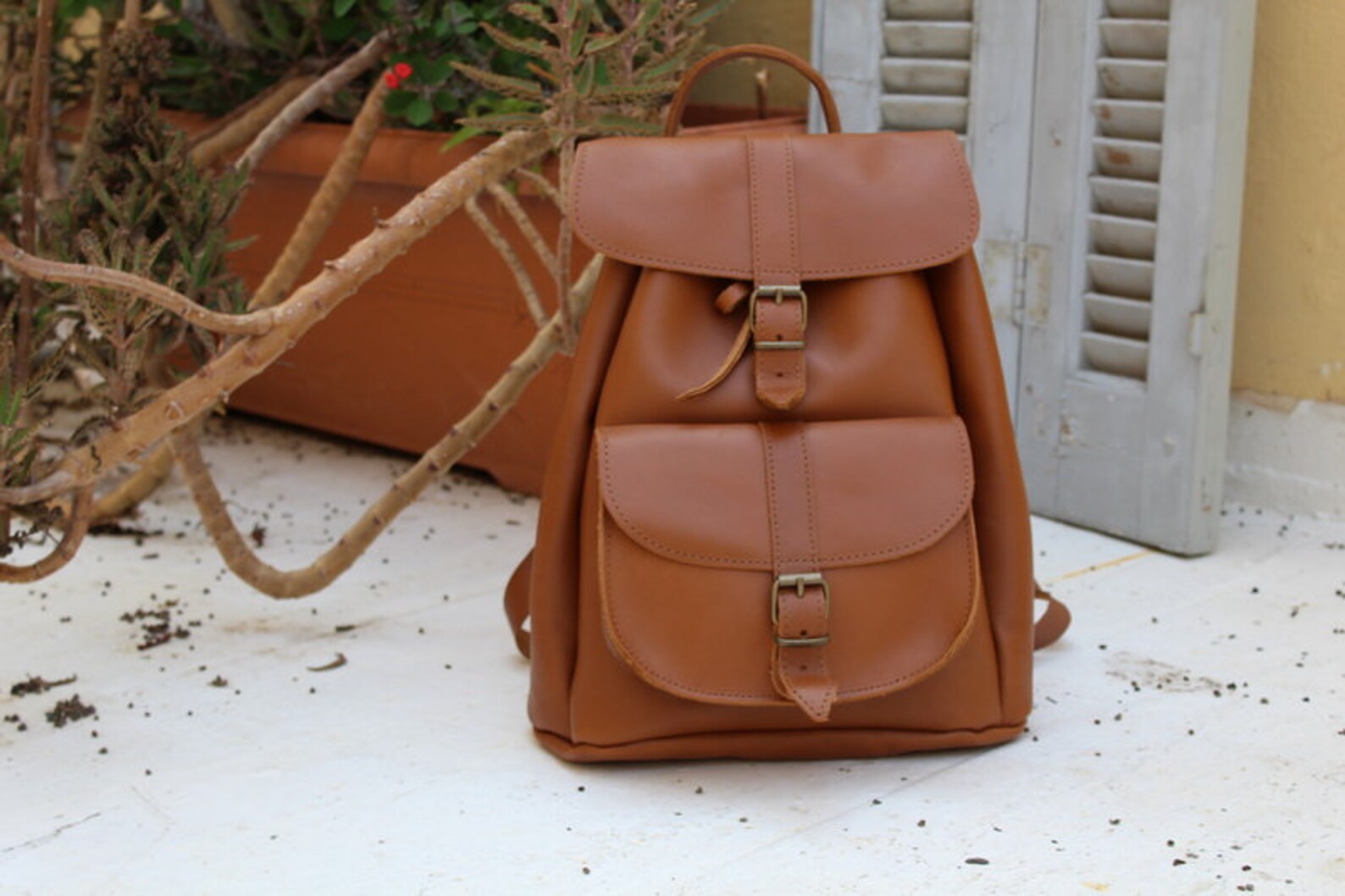 Leather Backpack With 1 Pocket Tobacco Size Medium | Etsy