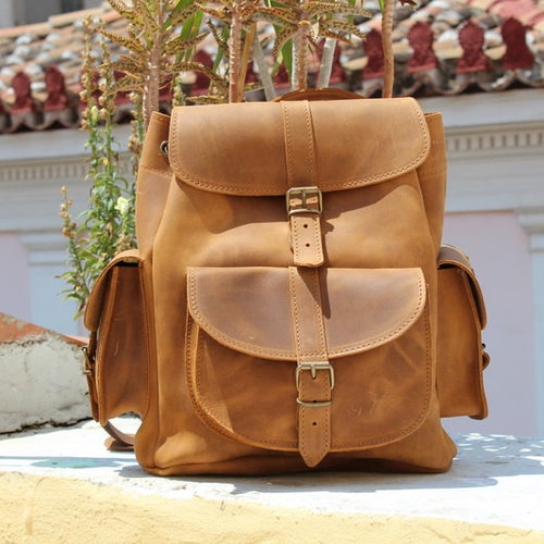 Leather Backpack with 3 pockets waxed brown light,Size medium, Professional Backpack, shops Laptop Backpack, Classic backpack, Genuine Leather