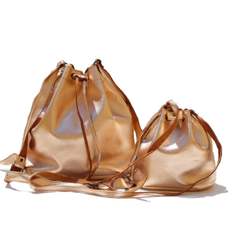 Made in Greece Leather Shoulder Bag Women Bag LEATHER BUCKET BAG metallic golden rose Leather Bucket Purse Size large Handmade bag