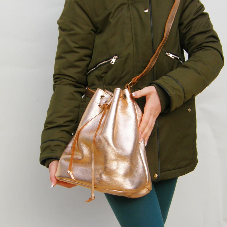 Made in Greece Leather Shoulder Bag Women Bag LEATHER BUCKET BAG metallic golden rose Leather Bucket Purse Size large Handmade bag