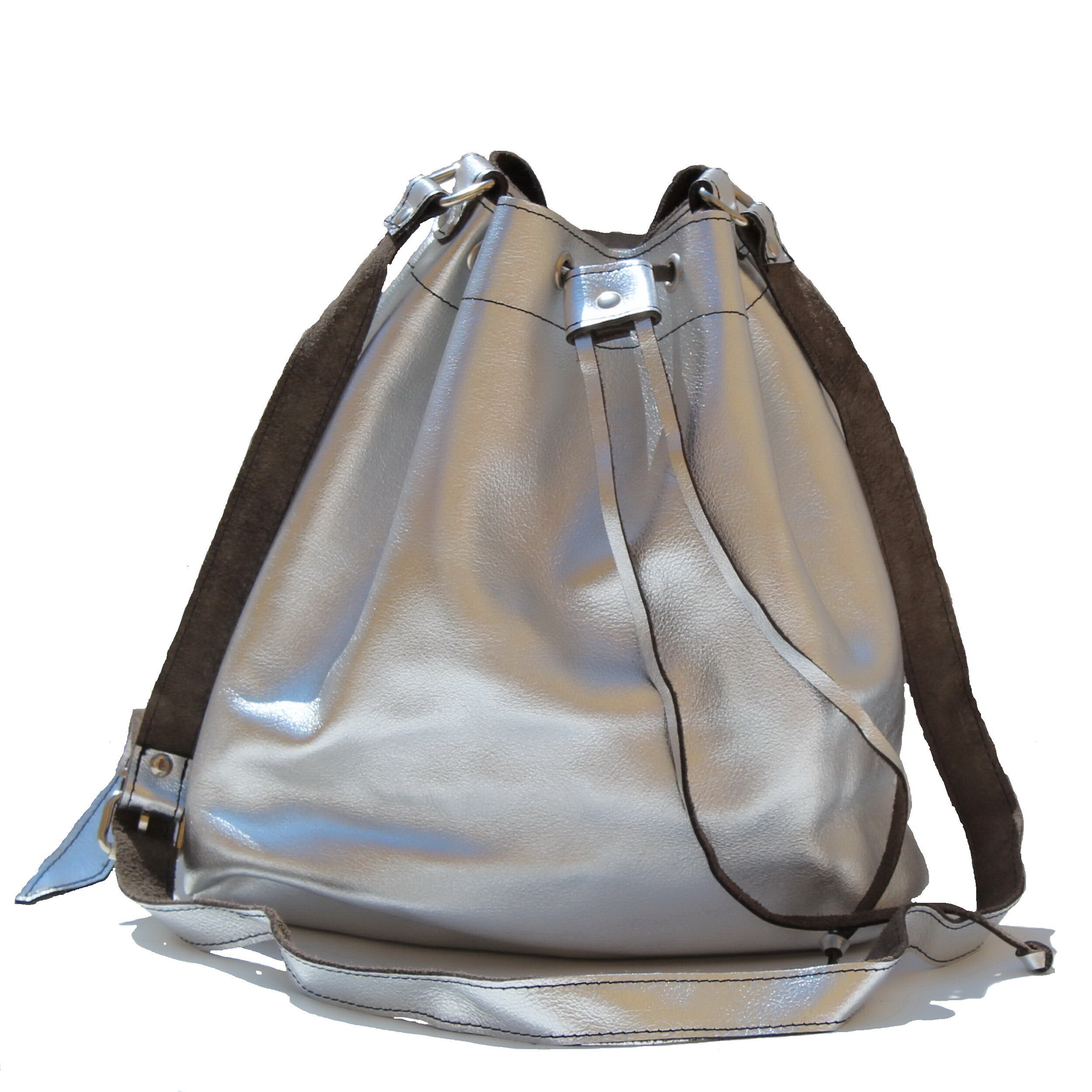 LEATHER BUCKET BAG Metallic Silver Size Large Leather Etsy