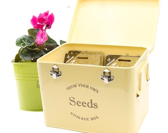 Vintage Cream Seed Tin, Gardener Gift Set, Seed Packet Organizer, Metal Storage Box
