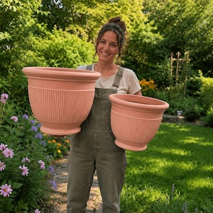 May include: Two terracotta-coloured plant pots with a wide, flared rim and a vertical ribbed texture on the lower body. The pots feature a rounded base and a smooth, wide opening at the top, designed for holding plants in a garden or outdoor setting.