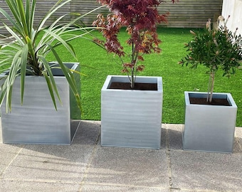 Handmade Silver Metal Cube Planter: Modern Indoor Outdoor Plant Box (Set of Two)