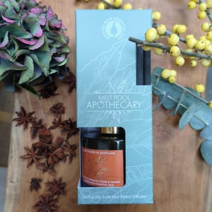 Peut inclure: Un diffuseur de roseaux Melt Pool Apothecary dans une boîte bleu clair. La boîte affiche le texte "MELT POOL APOTHECARY" et "SCENTED WITH ESSENTIAL OILS". Le flacon diffuseur noir a un bouchon doré et une étiquette avec les détails du parfum.