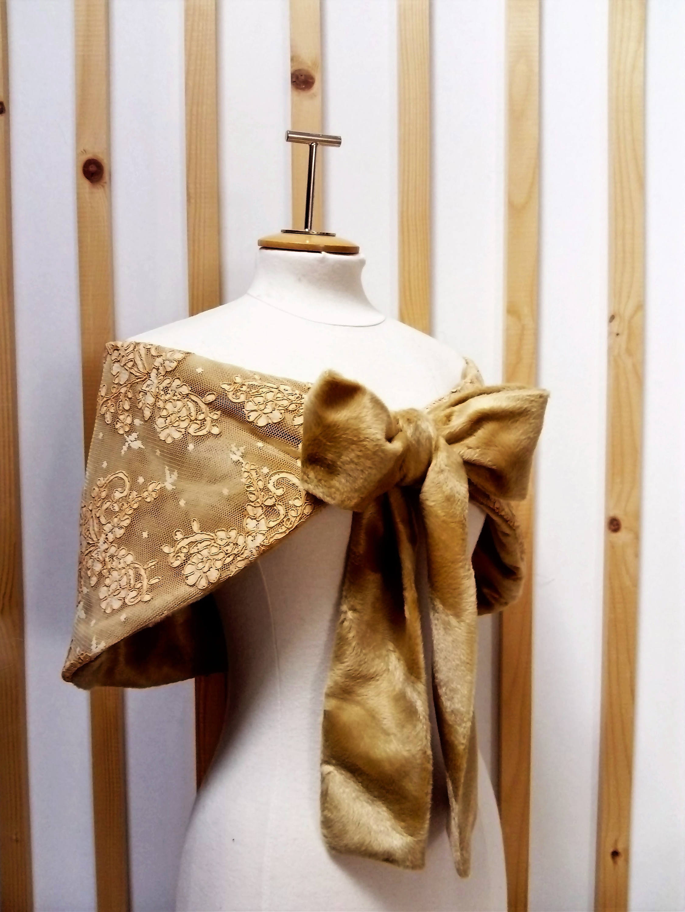 Faux fur and bronze lace shoulder cover Etsy