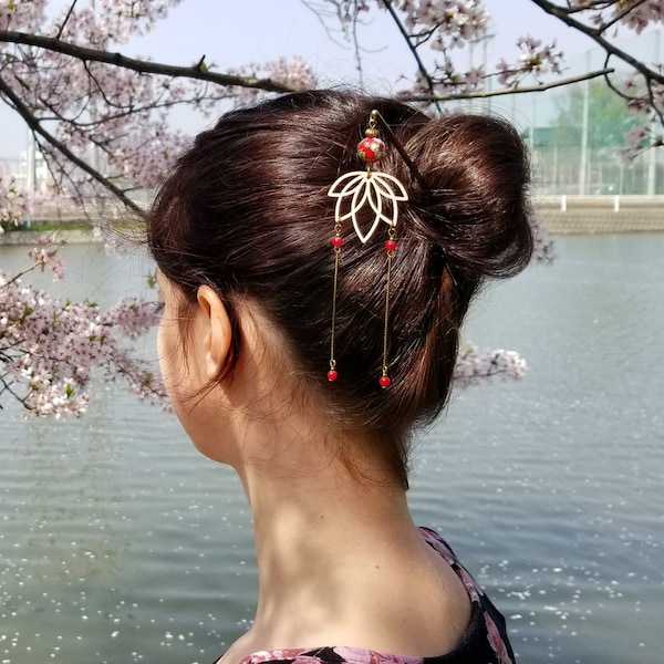 Pic à cheveux mariage en bois - bijou de cheveux fleur de lotus - pic à chignon japonais