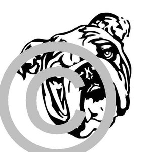 Puede incluir: Gráfico en blanco y negro de la cabeza de un bulldog, representado en un diseño audaz y estilizado. El bulldog mira hacia la derecha, con la boca abierta. La imagen está sobre un fondo blanco.
