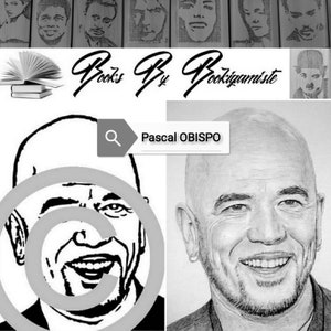 Może przedstawiać: Czarno-biała ilustracja twarzy mężczyzny z symbolem praw autorskich i lupą. Tekst "Pascal OBISPO" znajduje się nad lupą. Obraz jest cyfrowym rysunkiem twarzy mężczyzny.