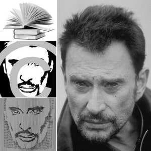 Puede incluir: Un collage fotográfico en blanco y negro de la cara de un hombre. El hombre tiene el pelo corto y oscuro y barba. El collage está formado por tres imágenes diferentes. La imagen superior muestra una pila de libros. La imagen del medio muestra una silueta de la cara del hombre con un símbolo de copyright. La imagen inferior muestra un retrato detallado de la cara del hombre hecho de papel doblado.