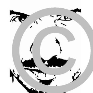 May include: Black and white illustration of a man's face with a mustache and a serious expression.