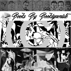 May include: Black and white abstract art print featuring a stylized human figure with a horse and other geometric shapes. The print is framed with a white border and the text "Books By Bookigamiste" is at the top of the image.