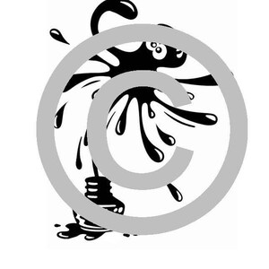 Puede incluir: Ilustración en blanco y negro de un frasco de tinta con tinta salpicando. La tinta tiene la forma de un personaje de dibujos animados con ojos saltones.