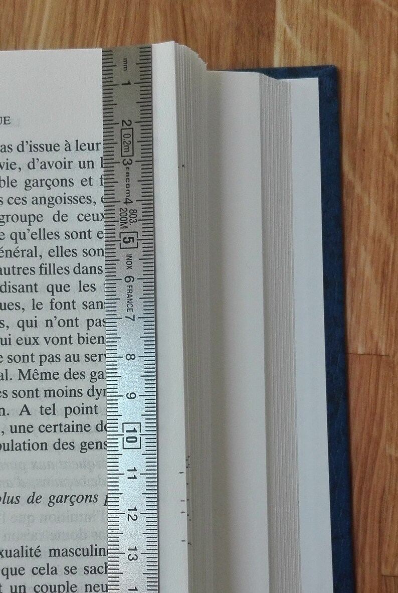 May include: A close-up of a book's spine with a ruler measuring 13 centimeters. The book is bound in a dark blue cover.