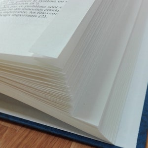 May include: A close-up of a book with white pages and a blue cover. The pages are fanned out, revealing the text printed on them. The text reads: "...ane evolution dans..."