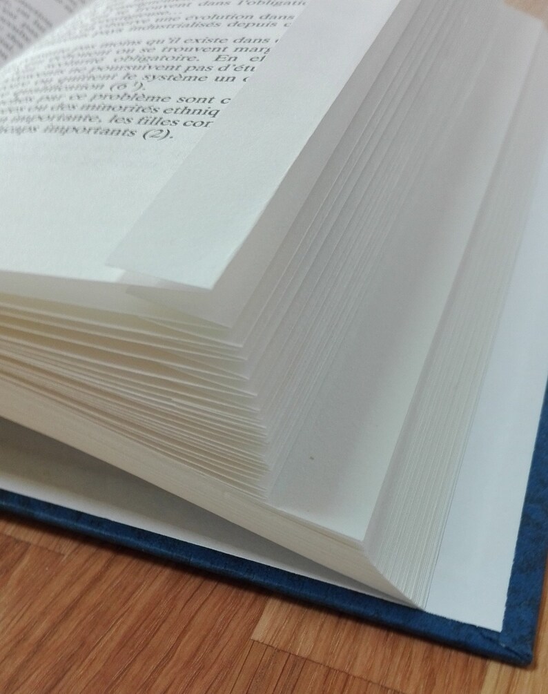 May include: A close-up of a book with white pages and a blue cover. The pages are fanned out, revealing the text printed on them. The text reads: "...ane evolution dans..."