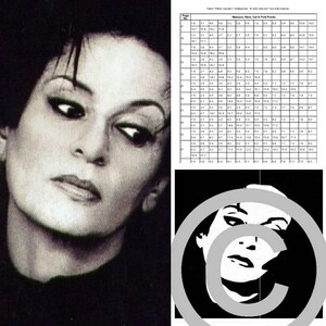 May include: Black and white portrait of a woman with dark hair and intense eyes. The image is a close-up of her face and neck. The background is a dark, blurred color.