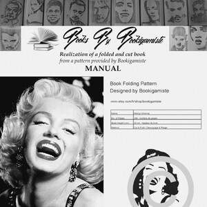 Peut inclure: Un modèle de pliage de livre avec une photo en noir et blanc de Marilyn Monroe en couverture. Le modèle est conçu par Bookigamiste et est disponible sur Etsy. Le modèle comprend des instructions pour couper et plier le papier afin de créer un modèle 3D de Marilyn Monroe. Le modèle est pour un livre de 349 pages et d'une hauteur de 20 cm.