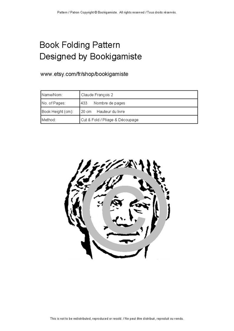 May include: Black and white illustration of a book folding pattern titled "Claude Fran&ccedil;ois 2" with 433 pages and a height of 8 inches (20 cm). The pattern is designed by Bookigamiste and uses the cut and fold method.