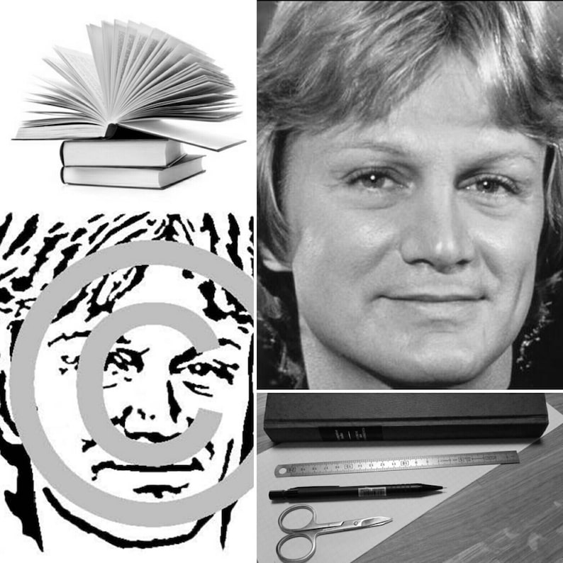 May include: A black and white image of a book with a copyright symbol over a person's face. The image is surrounded by a white border.