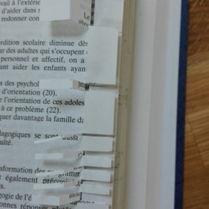 May include: A close-up of a book with several white bookmarks sticking out of the pages. The text on the page reads "&Eacute;chec Scolaire" and "23). Ces progr Dar petits grou vail &agrave; l'ext&eacute;rie d'aider dans s redonner con".