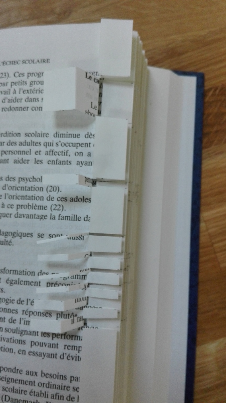 May include: A close-up of a book with several white bookmarks sticking out of the pages. The text on the page reads "&Eacute;chec Scolaire" and "23). Ces progr Dar petits grou vail &agrave; l'ext&eacute;rie d'aider dans s redonner con".