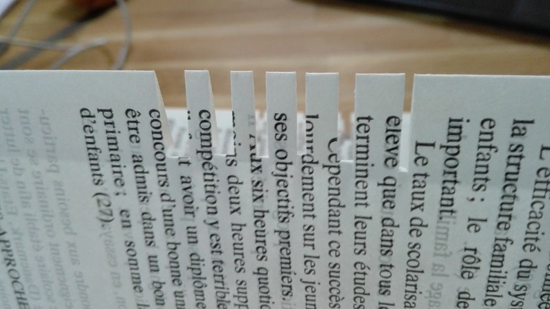 May include: A close-up of a page from a book with text in French about the effectiveness of family structures and the role of children in education. The text is partially obscured by torn edges.