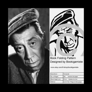 Peut inclure: Illustration en noir et blanc d'un homme portant une casquette. L'illustration est un modèle de pliage de livre conçu par Bookigamiste. Le modèle est pour un livre de 355 pages et d'une hauteur de 20 cm. La méthode utilisée est la découpe et le pliage.