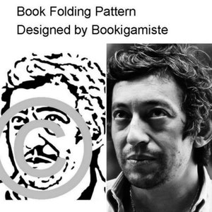 May include: Black and white image of a man's face with a copyright symbol over it. The image is next to a black and white photo of a man with curly hair. The text "Book Folding Pattern Designed by Bookigamiste" is at the top of the image.