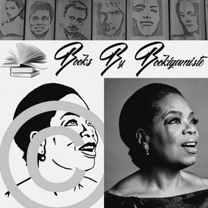 May include: Black and white image featuring folded book art portraits of famous faces. The image also includes a drawing of Oprah Winfrey and a photograph of Oprah Winfrey. The words "Books By Bookigamiste" are written in cursive.