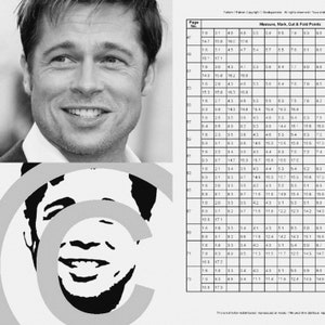 May include: A black and white photo of Brad Pitt. The photo is cropped to show his face and shoulders. The photo is printed on a white background. The photo is part of a larger image that includes a table with numbers and measurements.