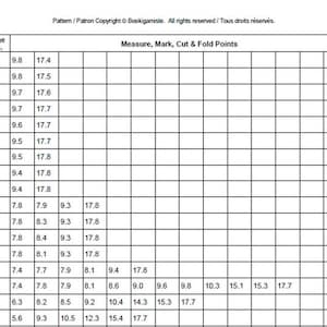 May include: A black and white grid chart with numbers and decimal points. The chart is labeled "Measure, Mark, Cut & Fold Points".