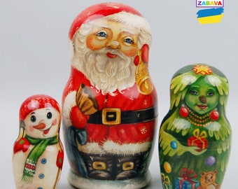 4.9" Santa and Christmas tree Nesting Doll 3 pcs Hand Painted Doll Gift Room Décor