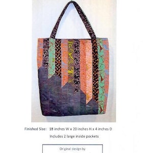 Może przedstawiać: Wzór kolorowej torby typu tote z patchworkowym designem. Torba ma 45,7 cm szerokości, 50,8 cm wysokości i 10,2 cm głębokości. Zawiera dwie duże wewnętrzne kieszenie. Wzór pochodzi od Leslie Edwards.