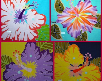 Bold Hibiscus Batik Square Art Panels - One of a Kind