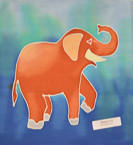 象　アート　ファブリックパネル 象のバティックアートパネル、8インチ x 8インチ - 手描き、一点