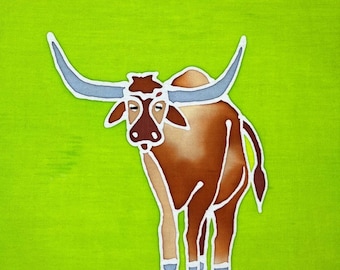 Texas Longhorn Batik Art Panels, 8" x 8" - Hand Painted, One of a Kind