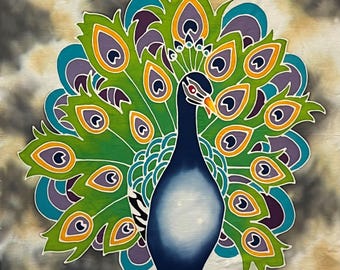 Peacock Batik Art Panels, 22" x 22" - Hand Painted, One of a Kind