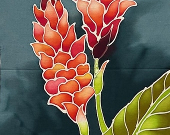 Torch Ginger Flower Batik Art Panels, 11" x 21" - Hand Painted, One of a Kind