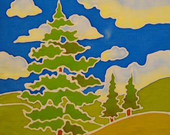 Puede incluir: Una pintura colorida de un paisaje con un gran árbol verde con contorno blanco, sobre un cielo azul con nubes blancas y amarillas. Dos árboles más pequeños están en una colina. La pintura se titula "Spruce 5".