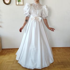 Vintage 80s Bridal Gown with Leg-of-mutton Sleeves | Vintage White Satin Wedding Dress