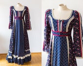 1970s Gunne Sax Midi Dress Size 11 Navy Calico Floral Dress