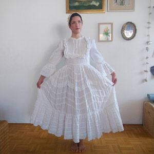 1970s Mexican Wedding Gown | Vintage White Mexican Lace Maxi Dress
