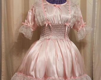 Graceful Pink Satin Sissy Dress, Lolita, Adult Baby, Cross Dresser, Custom Made, Lace Ruffles, Bow