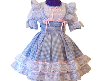 Schoolgirl Dress, Blue Gingham, Sissy, Lolita, Adult Baby, Custom Made, for Pretend, Party, Celebration