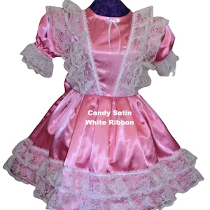 Ausgefallenes Candy Pink Satin Sissy Kleid, Spitze Rüschen, Lolita, Kostüm, Rave, Cosplay, Maßgeschneidert
