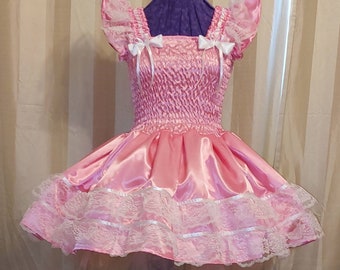 Lockable baby pink Sissy boy Maid Satin long Dress CD/TV Tailor-Made Lockable baby pink Sissy boy Maid Satin long Dress CD/TV Tailor-Made