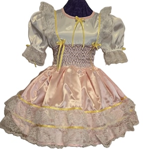 Anmutiges Rosa Satin Kleid, Spitze Rüschen, Schleifen, Sissy, Lolita, Kostüm, Rave, Cosplay, Maßgeschneidert