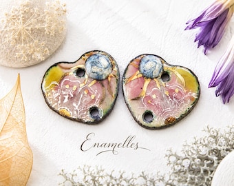 Pingentes de cobre esmaltado em formato de coração, componentes artesanais para joias com tema florestal, suprimentos para joias artesanais fabricados na França: corações de cobre esmaltado